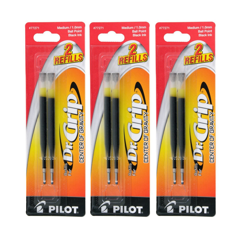 Pilot Dr. Grip Center of Gravity Ballpoint Pen Refills, Medium Point, Black Ink, 3 Packs of 2 Refills (6 Refills Total) 6 Count