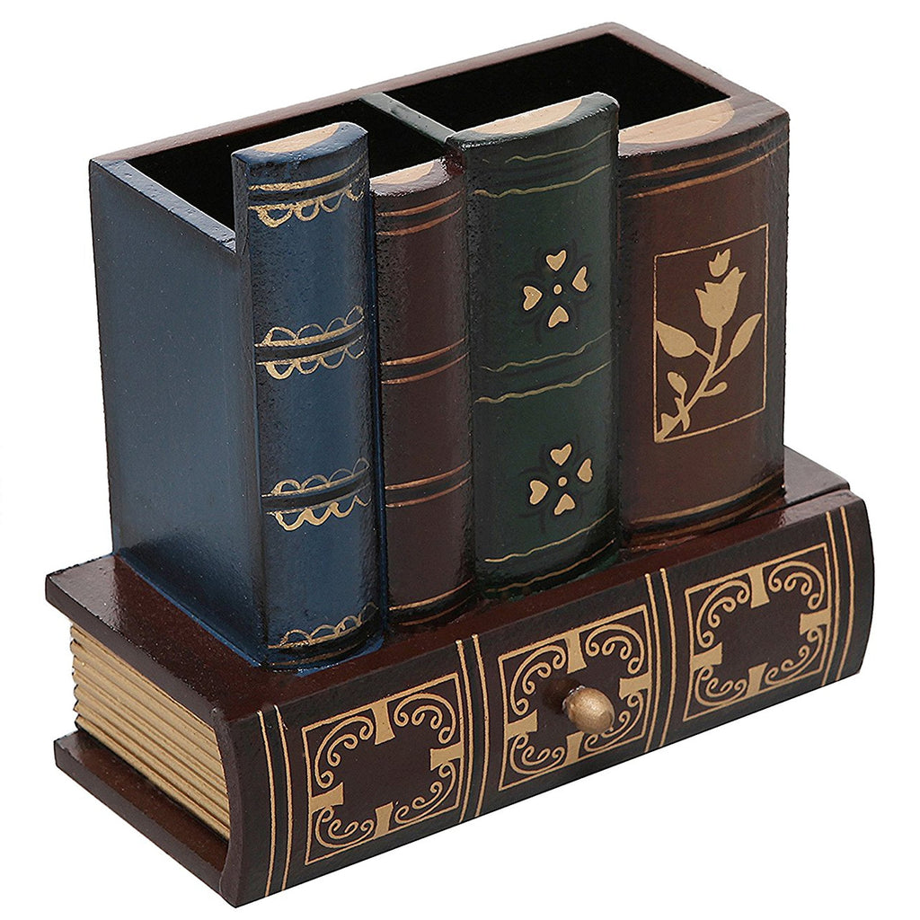 Decorative Library Books Design Wooden Office Supply Caddy Pencil Holder Organizer with Bottom Drawer