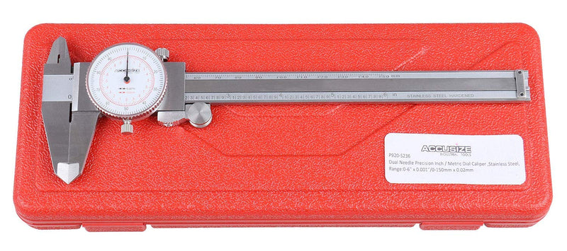 Accusize Industrial Tools 0-6''/0-150 mm by 0.001''/0.02 mm Inch/Metric Dual Needle Precision Dial Caliper Stainless Steel, P920-S236 0-6" / 0-150mm