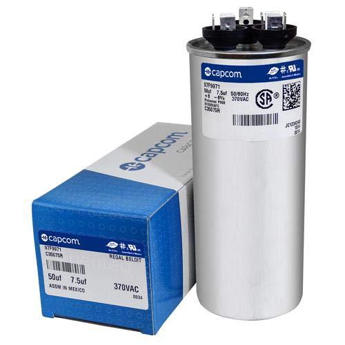 Genteq - 50 + 7.5 uF MFD x 370 VAC GE Industrial Replacement Dual Capacitor Round # C35075R / 97F9971