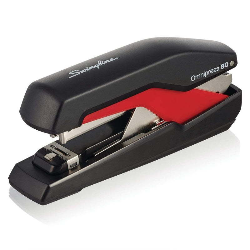 Swingline Stapler, Omnipress 60 Stapler,"Press Anywhere for Easier Use", 60 Sheet Capacity, Black/Red (5000591A)