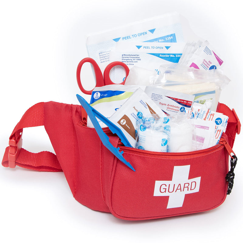 Primacare KB-8005 First Aid Fanny Pack Stocked with 75 Pieces Emergency Medical Supplies, Lifeguard Waist Travel Bag with 3 Pockets, Red, 8x2x6 inches