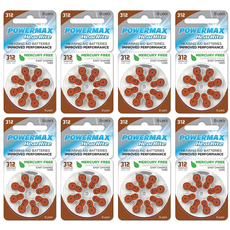 Powermax Size 312 Hearing Aid Batteries, Brown Tab, Made In the USA, 64-Count