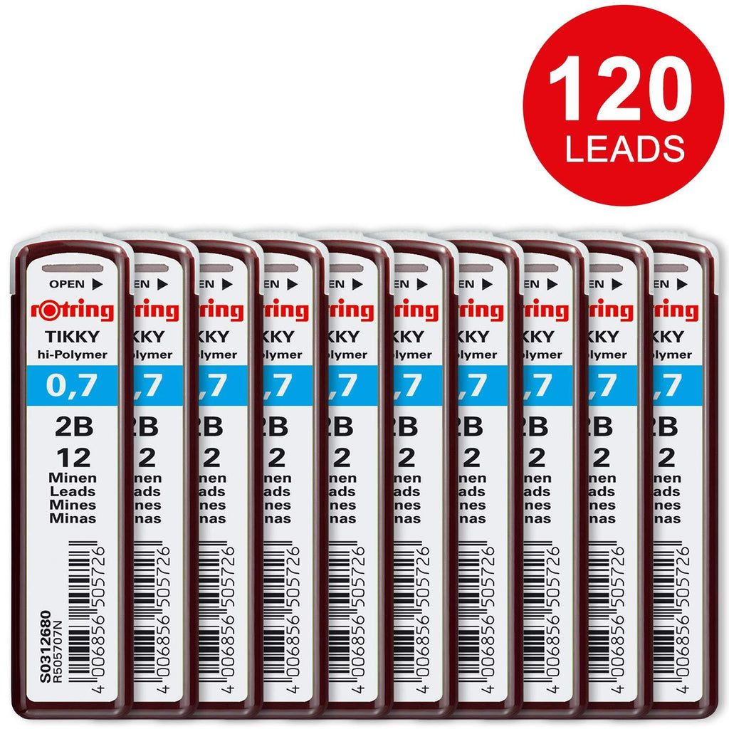 rOtring Tikky Mechanical Pencil Lead Refills, 0.7mm, 2B, 10 Count (120 Leads)