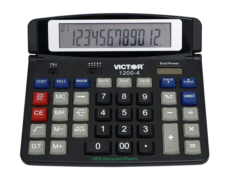 Victor 1200-4 12-Digit Large Professional Desktop Calculator, Battery and Solar Hybrid Powered Tilt LCD Display, Great for Home and Office Use, Black 1-Pack