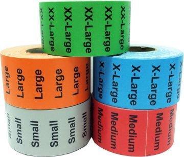 1.25 x 5 Color Coded Clothing Size Strip Wrap Around Adhesive Labels for Retail Apparel - Bulk Pack - Grey Small, Red Medium, Orange Large, Blue X-Large, Green XX-Large