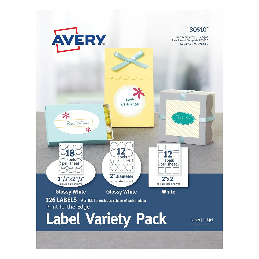 Labels Variety Pack with Sure Feed, Assorted Shapes & Sizes, 9 Sheets, 126 Labels per Pack, Laser/Inkjet (80510)