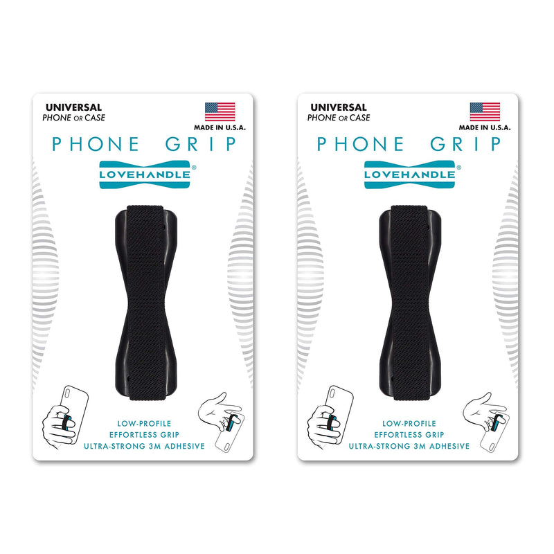 Love Handle Cell Phone Grip Holds Device with just a Finger - Ultra Slim Pocket Friendly Finger Strap for iPhone and Mini Tablet - Grip it Securely for Texting, Photos and Selfies (Black 2-Pack)