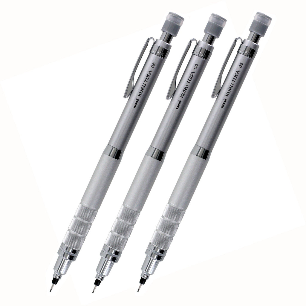 Uni Kuru Toga Roulette Auto Mechanical Pencil, 0.5mm, Gun Metallic Silver, Pack of 3