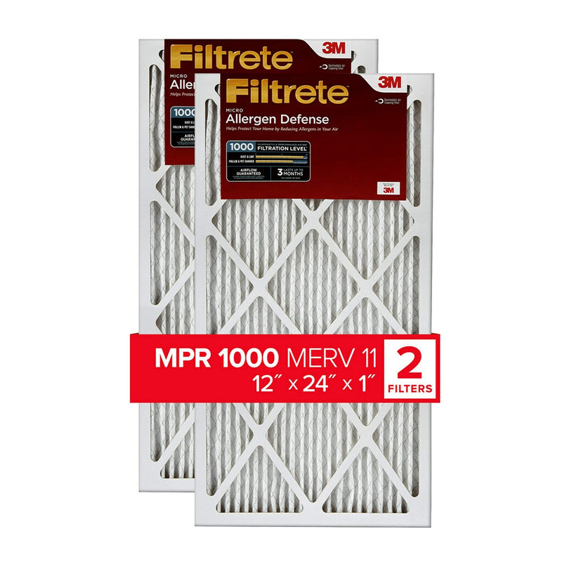 Filtrete 12x24x1, AC Furnace Air Filter, MPR 1000, Micro Allergen Defense, 2-Pack (exact dimensions 11.719 x 23.72 x 0.85)