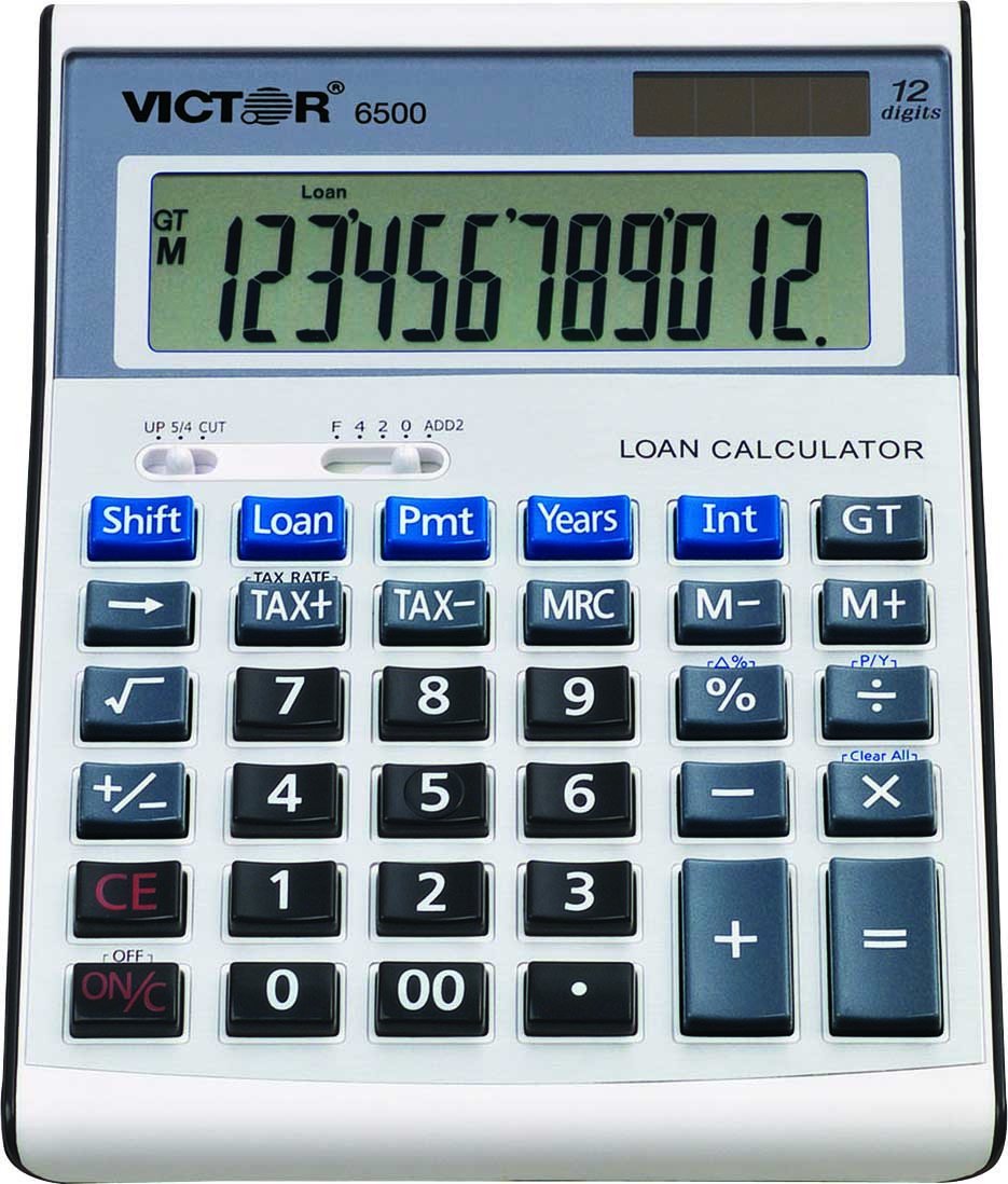 Victor 6500 12-Digit Desktop Financial Calculator, Loan & Mortgage Payments and Interest Calculator for Real Estate, Cars, Boats, and Homes. Battery and Solar Hybrid Powered LCD Display, White 1-Pack