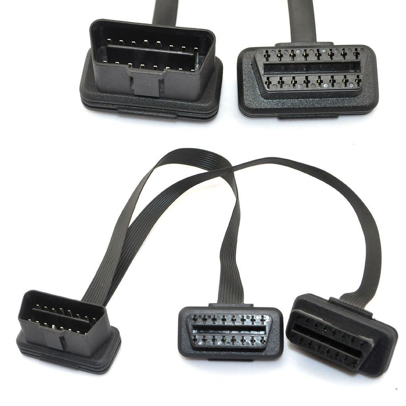 iKKEGOL Ultra Low Profile Left or Right Angle OBD2/OBDII Y Splitter Flat Ribbon Cable 1Feet/30cm -1x Male and 2X Female J1962 Ports