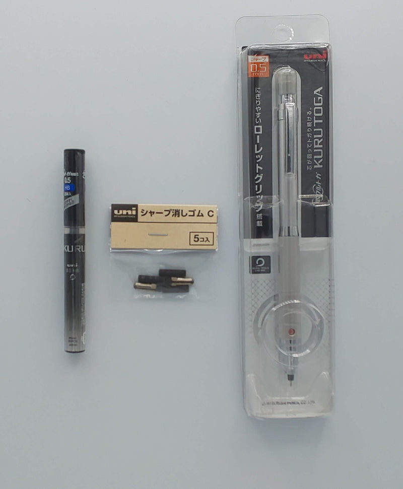 Uni Kuru Toga Roulette Model Auto Lead Rotation Mechanical Pencil 0.5 Mm - Silver Body (M5-10171P.26) with the Spare 20 Leads Only for Kuru Toga & Pencil Eraser for Kuru Toga (Set of 5) Value Set （With Our Shop Original Product Description）