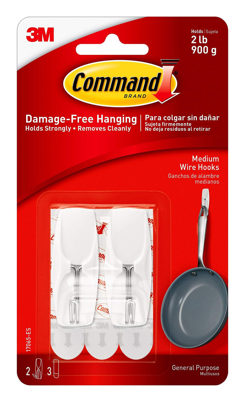 Command Medium Wire Toggle Hook, White, 2-Hooks, 3-Strips, Organize Damage-Free 2 Hooks Indoor