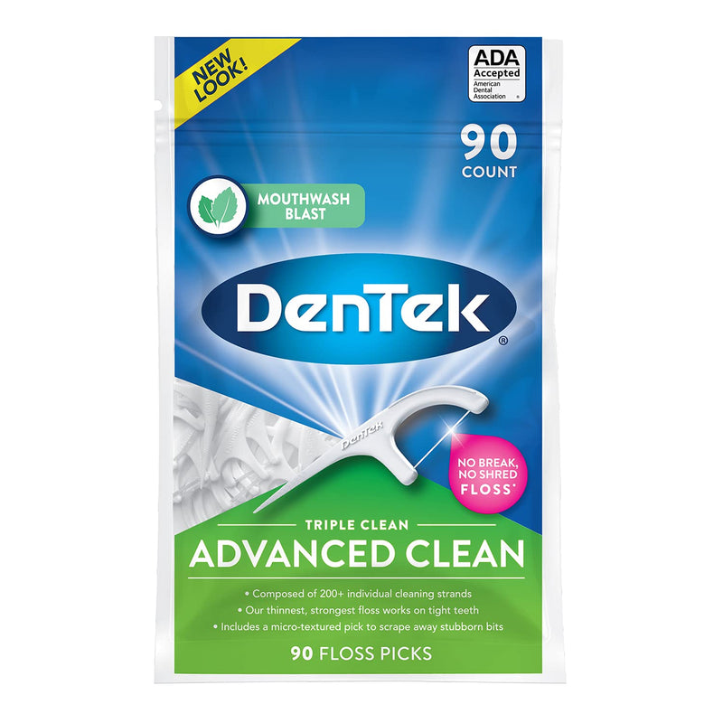 DenTek Triple Clean Advanced Clean Floss Picks, No Break & No Shred Floss, 90 Count 90 Count (Pack of 1)