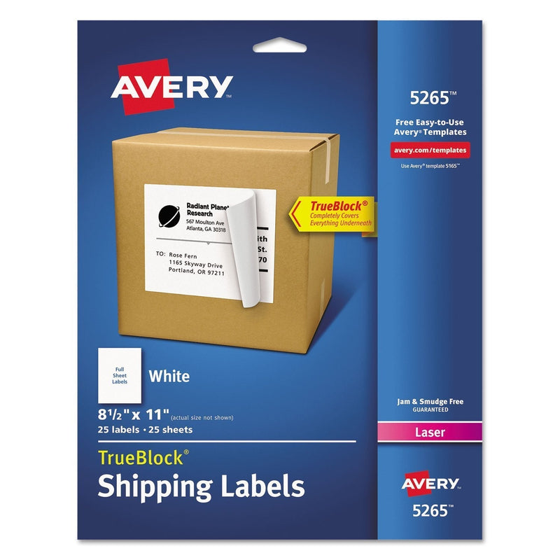 Shipping Labels with TrueBlock Technology, 8-1/2 x 11, White, 25/Pack - AVE5265