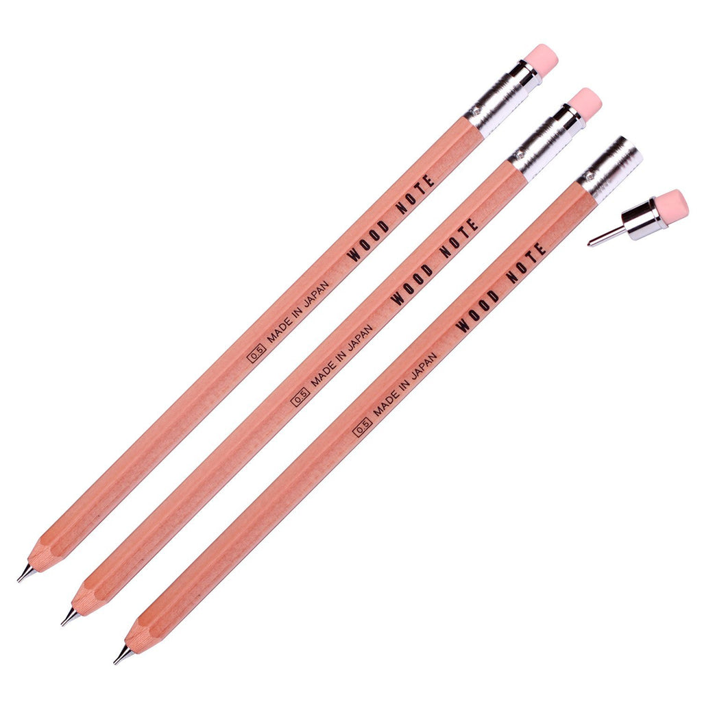 Kitaboshi Woodcase Note W-300R Mechanical Pencil 0.5mm (Pack of 3 Pencils)