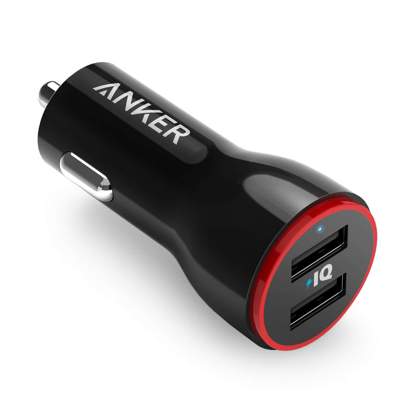 Anker Car Charger, Mini 24W 4.8A Metal Dual USB Car Charger, PowerDrive 2 Alloy Flush Fit Car Adapter with Blue LED, for iPhone XR/Xs/Max/X/8/7/Plus, iPad Pro/Air 2/Mini, Galaxy, LG, HTC and More Black