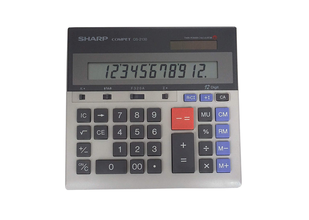 Sharp QS-2130 12-Digit Commercial Desktop Calculator with Kickstand, Arithmetic Logic, Battery and Solar Hybrid Powered LCD Display, Great For Home and Office Use,Gray and Black