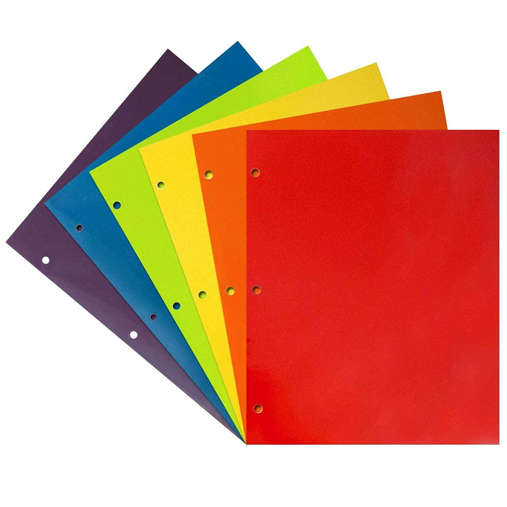 JAM PAPER Laminated Two Pocket Glossy 3 Hole Punch School Folders - Letter Size - High Gloss Assorted Primary Colors - 6/Pack 6 Per Pack Assorted Bright Colors