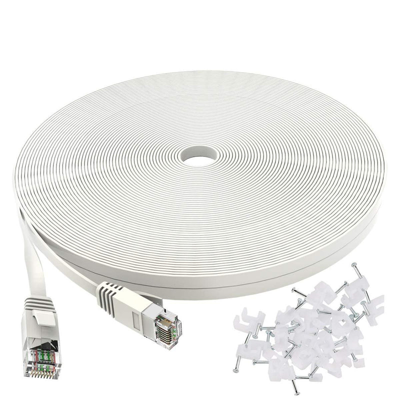 Cat 6 Ethernet Cable 50 ft White - Flat Internet Network Lan patch cords – Solid Cat6 High Speed Computer wire With clips& Snagless Rj45 Connectors for Router, modem – faster than Cat5e/Cat5 - 50 feet 50ft