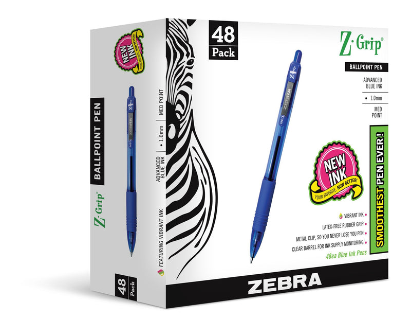 Zebra Pen Z-Grip Retractable Ballpoint Pen, Medium Point, 1.0mm, Blue Ink, 48-Count