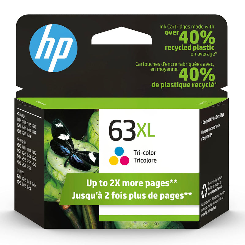 Original HP 63XL Tri-color High-yield Ink Cartridge | Works with HP DeskJet 1112, 2100, 3600 Series, HP ENVY 4500 Series, HP OfficeJet 3800, 4600, 5200 Series | Eligible for Instant Ink | F6U63AN