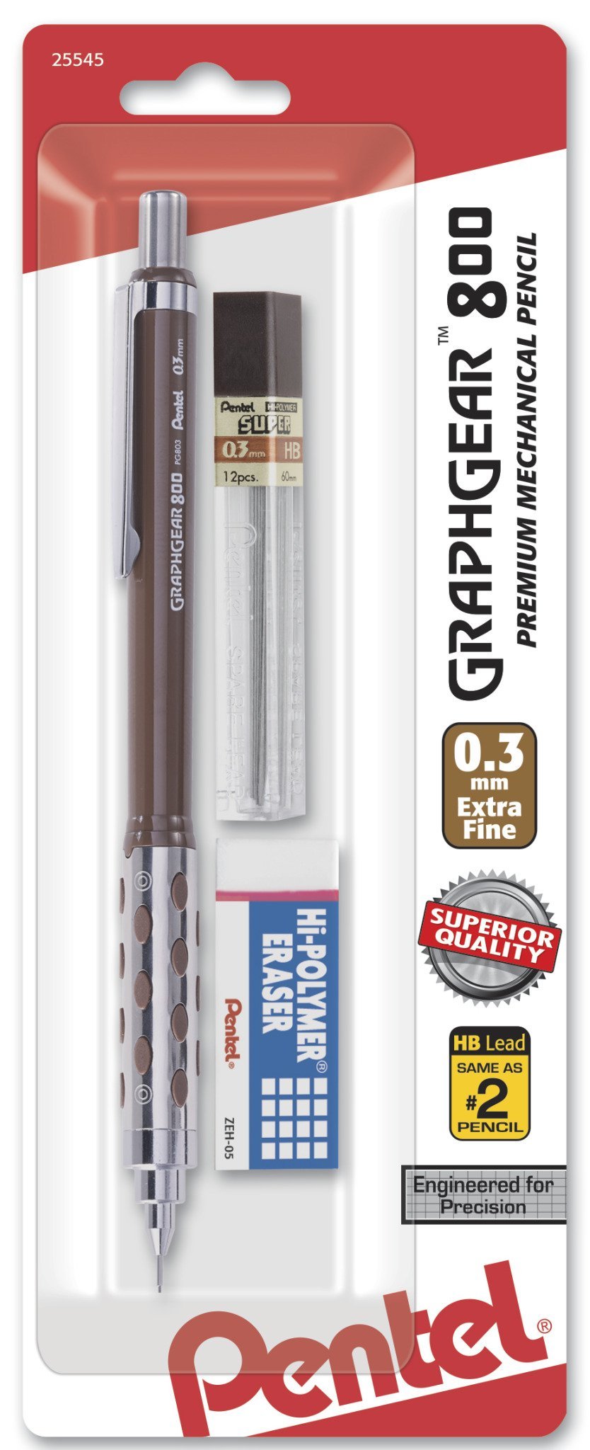 Pentel Graph Gear 800 Mechanical Drafting Pencil, 0.3mm, Brown Barrel with Lead (PG803LZBP) 1 Pencil, Lead and Eraser