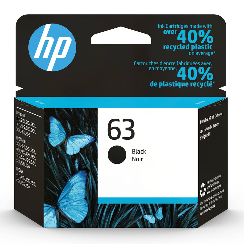 Original HP 63 Black Ink Cartridge | Works with HP DeskJet 1112, 2100 Series, 3600 Series, HP ENVY 4500 Series, HP OfficeJet 3800 Series, 4600 Series, 5200 Series | Eligible for Instant Ink | F6U62AN