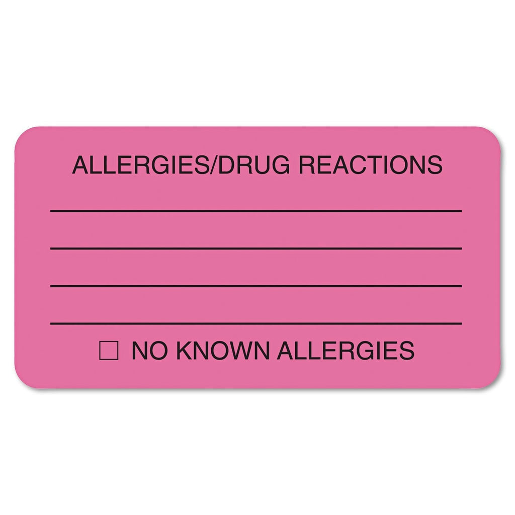 Tabbies 01730 Allergies/Drug Reaction Labels, 1-3/4 x 3-1/4, Fluor Pink, 250/Roll