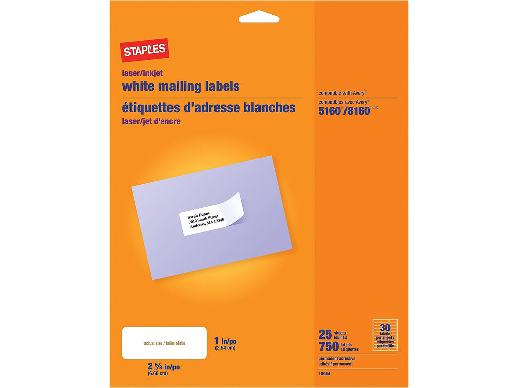 White Mailing Labels for Laser & Inkjet Printers, 1" x 2-5/8", 750/Box