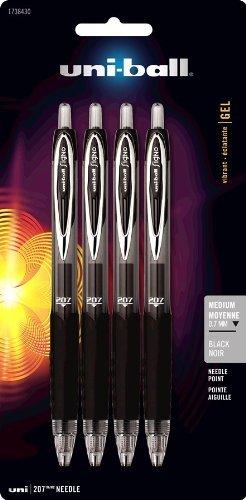 uni-ball Signo Gel 207 Retractable Gel Pens, Medium Point, 0.7 mm, Clear Barrels, Black Ink, Pack of 4