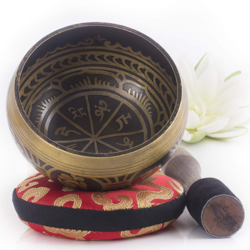 Tibetan Singing Bowl Set ~ Easy to Play with Dual-End Striker & Cushion ~ Beautiful Sound for Holistic Healing, Meditation & Relaxation ~ Gratitude Pattern ~ Antique Light Brown Bowl with Red Pillow