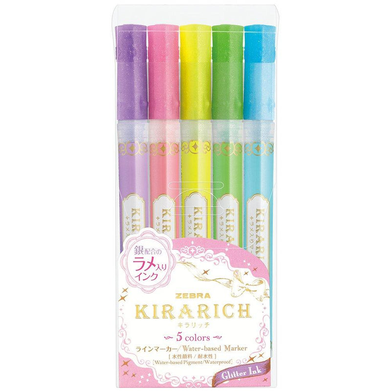 Zebra Glitter Highlighter, Kirarich, Pack of 5 (WKS18-5C) 1 set