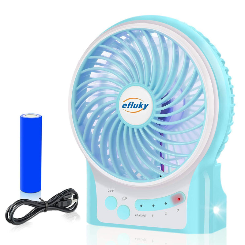 efluky 3 Speeds Mini Desk Fan, Rechargeable Battery Operated Fan with LED Light and 2200mAh Battery, Portable USB Fan Quiet for Home, Office, Travel, Camping, Outdoor, Indoor Fan, 4.9-Inch,Blue Blue