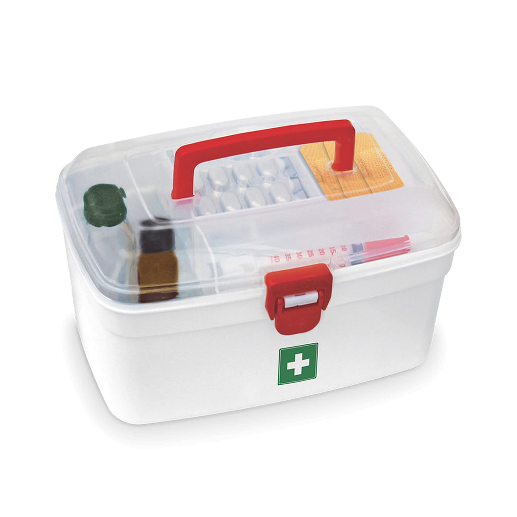 Milton Medical Box, First Aid Box with Portable Handle, Family Emergency Kit, Detachable Tray, 2 Layer Storage, Multi-Purpose Box, Emergency Medical Transparent Lid Box, Easy Accessibility, White