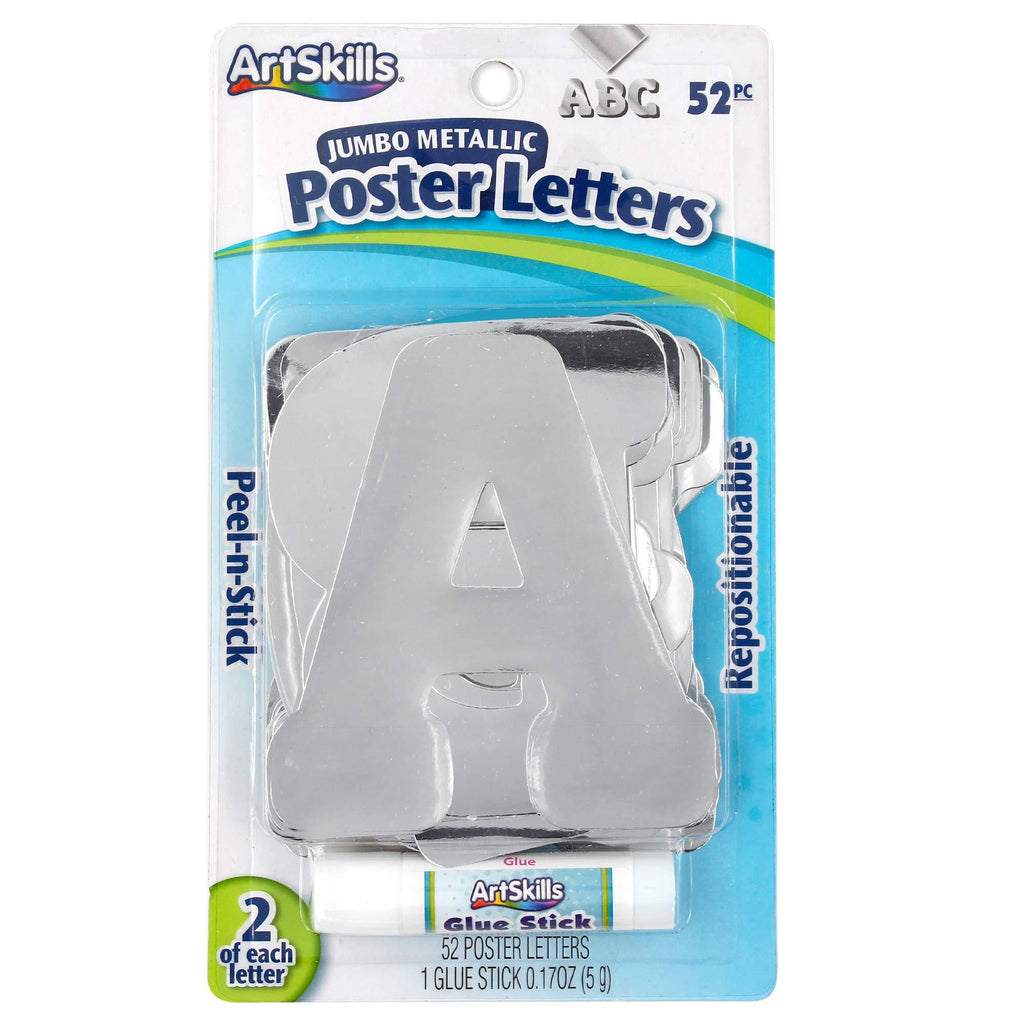 ArtSkills Jumbo Foil 4" Silver Poster Letters Plus Glue Stick, 52- Letters (PA-2052) Silver Foil 4"