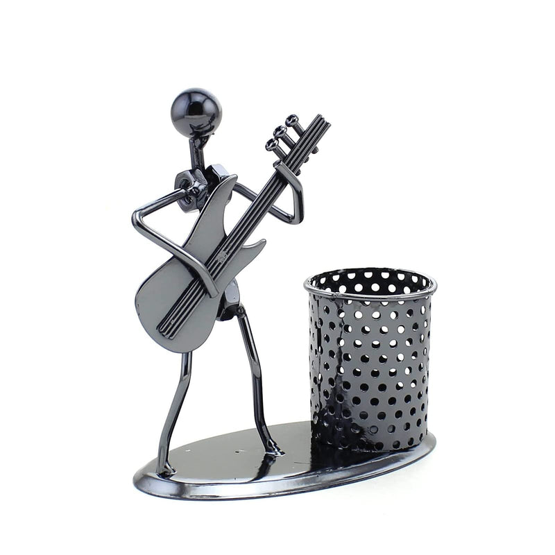 HAZOULEN Metal Art Pen Pencil Holder with a Musician Playing Music, Office Home Decoration Desk Container Desktop Organizer