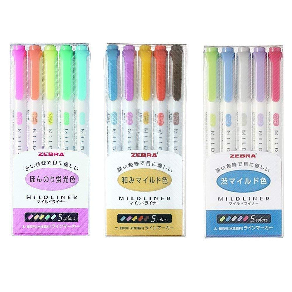 Zebra Mildliner Double-Sided Highlighter 15 Color Set, Fine / Bold, Mild & Fluorescent Color, Deep & Warm Color, Cool & Refined Color,