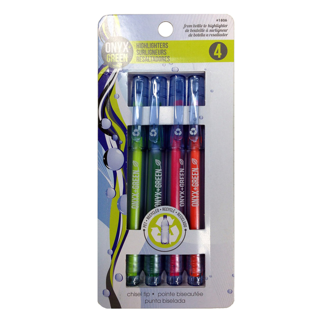 Onyx and Green 4-Pack Fine Highlighters, Chisel Tip, Recycled PET, Assorted Colors (1806)