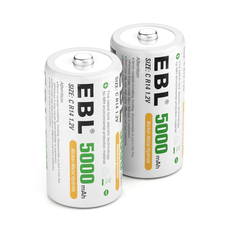 EBL C Size C Cell 5000mAh Ni-MH Rechargeable Batteries, Pack of 2 2 Pack