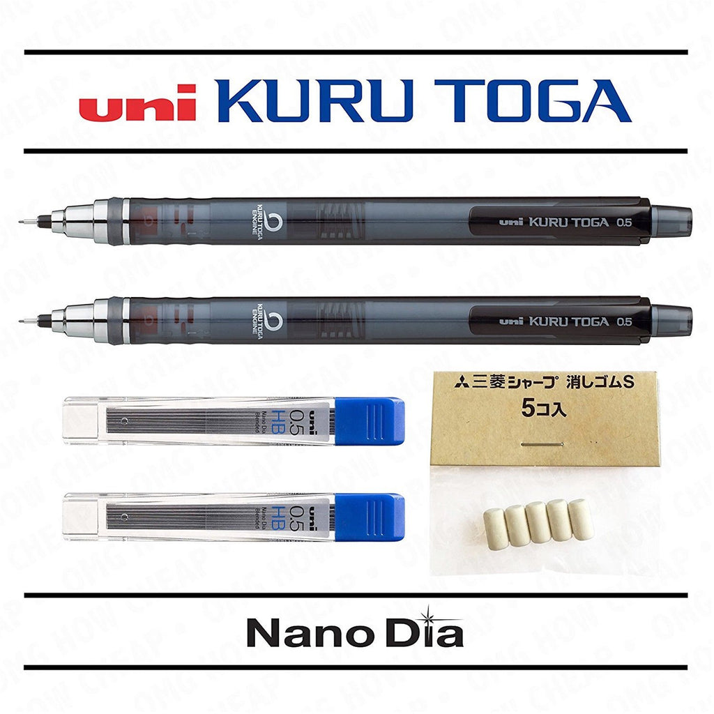 Uni Ball Kuru Toga 0.5mm - Self Sharpening Mechanical Pencil - Smoke Barrel - Pack of 2 + 24 Free Leads and 5 Free Erasers