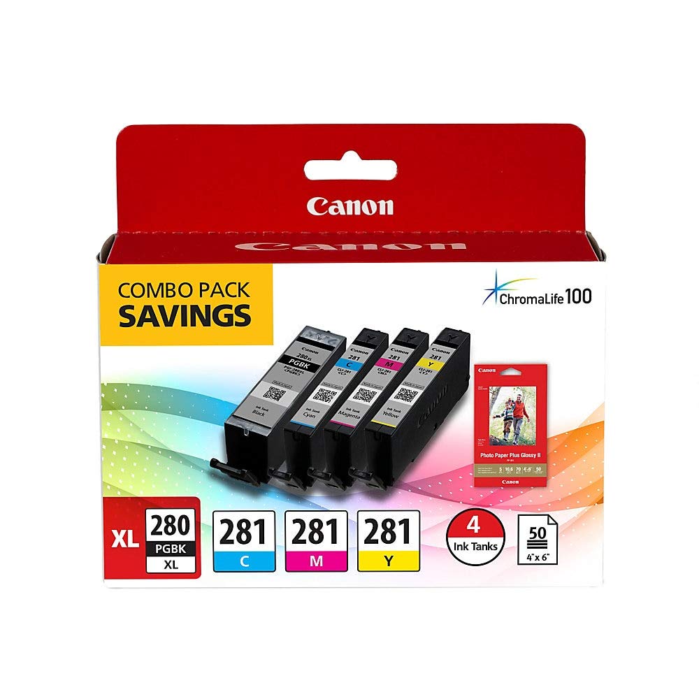 Canon PGI-280XL PGBK/CLI-281CMY, 50 Sheets PP-301 Combo Pack Compatible to TR8520, TR7520, TS9120 Series,TS8120 Series, TS6120 Series, TS9521C, TS9520, TS8220 Series, TS6220 Series 4 ink tanks