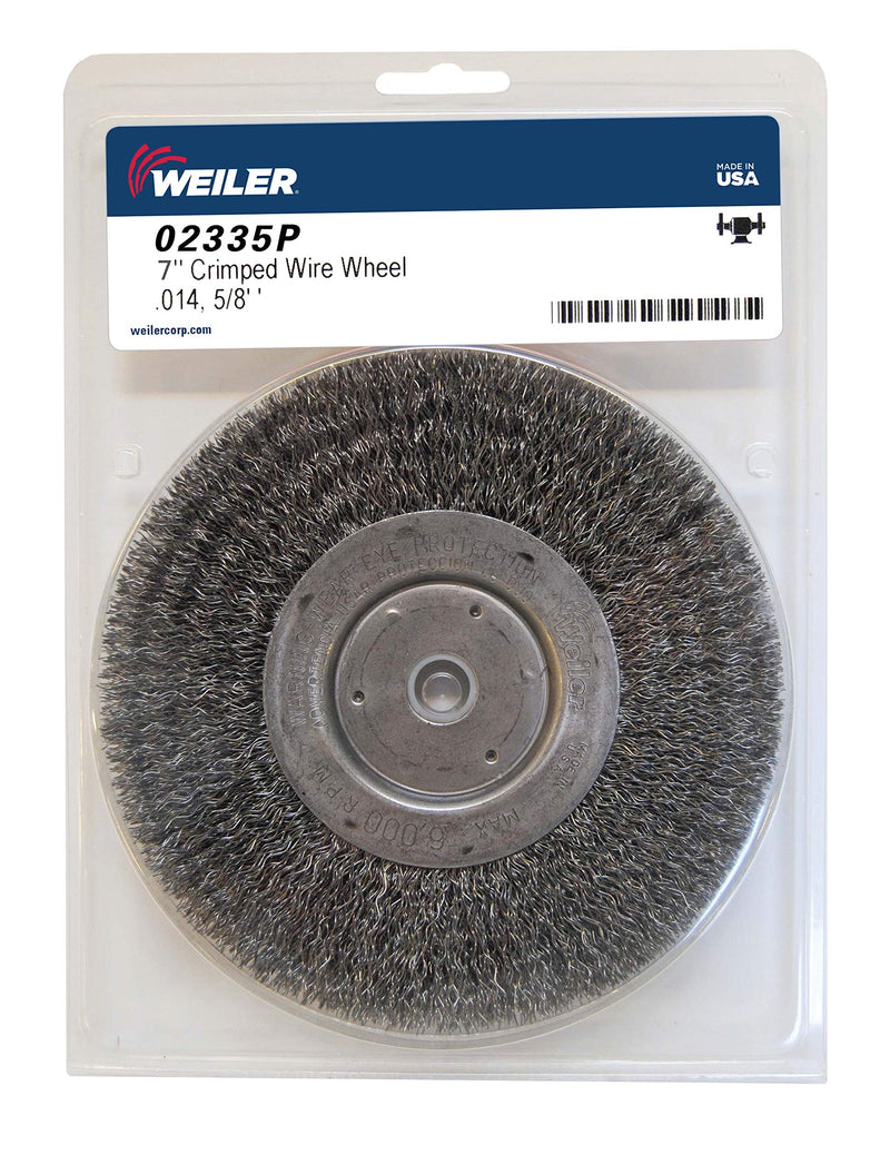 Weiler 02335 7" Wolverine Medium Face Bench Grinder Wheel, .014" Crimped Steel Wire Fill, 5/8" Arbor Hole, Made in the USA 7" Dia x 3/4" Face Width