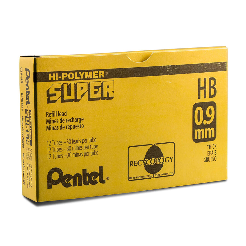 Pentel Super Hi-Polymer Lead, 0.9mm, Medium, HB, 30 Pieces/Tube, Box of 12 (C29-HB)