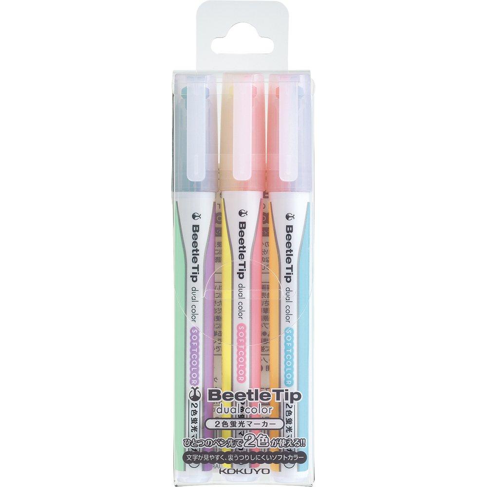 KOKUYO Beetle Tip Dual Color Highlighter, Soft Colors Set (PM-L313-3S), 1 set