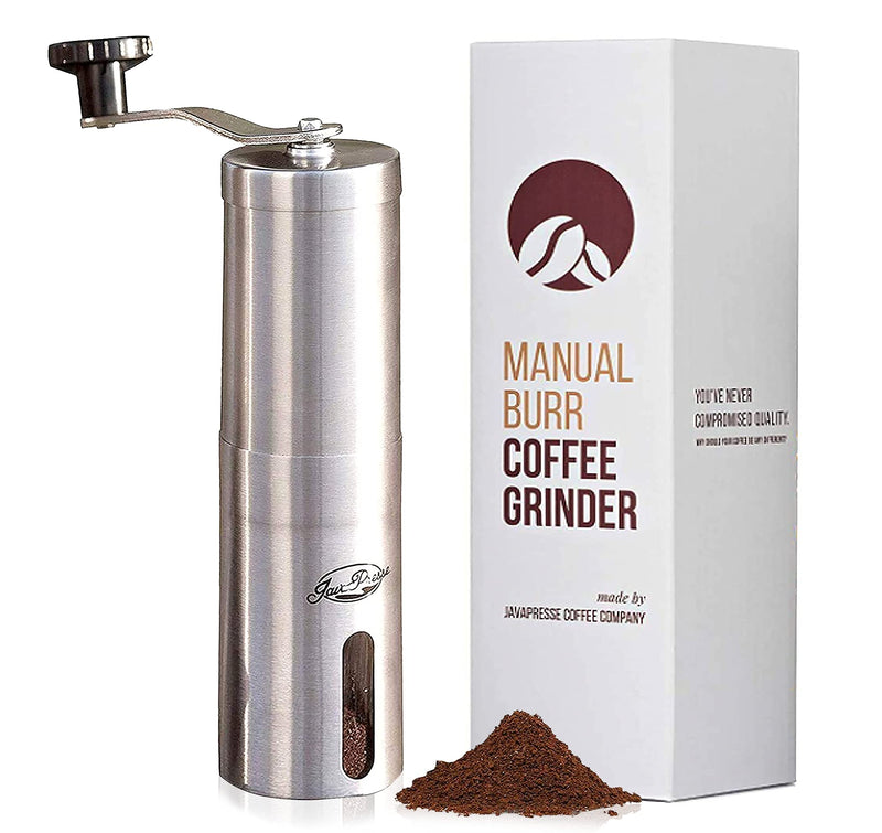 JavaPresse Manual Coffee Grinder with Adjustable Settings - Patented Conical Burr Mill & Brushed Stainless Steel Whole Bean Burr Coffee Grinder for Aeropress, Drip Coffee, Espresso, French Press