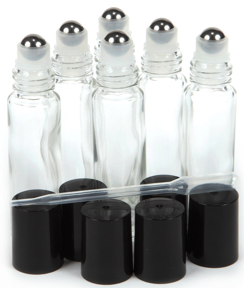 6, Clear, 10 ml Glass Roll-on Bottles with Stainless Steel Roller Balls - .5 ml Dropper included