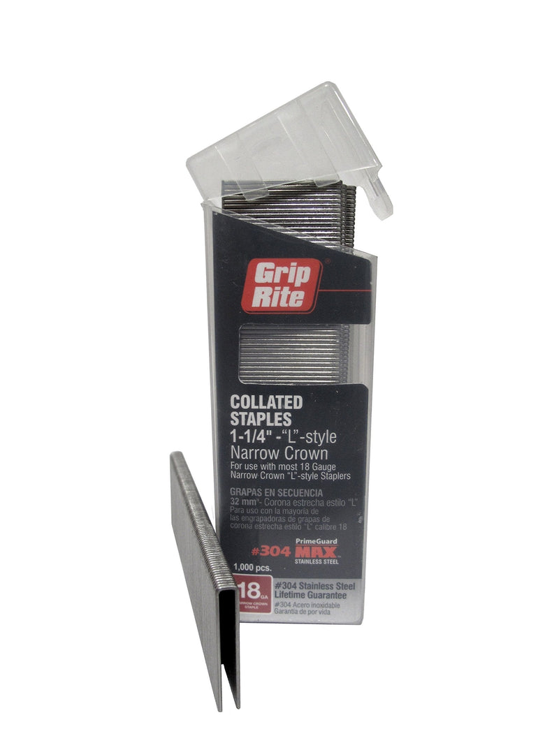 Grip Rite Prime Guard MAXB64888 18-Gauge 1/4" Narrow Crown by 1-1/4" 304-Stainless Steel Staples in Belt Clip Box (Pack of 1000)