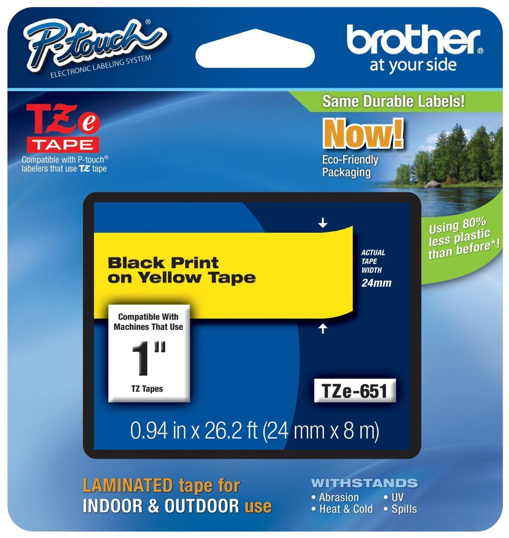 Brother Laminated Tape Black on Yellow, 24mm (TZe651) - Retail Packaging (2, Black on Yellow) 2